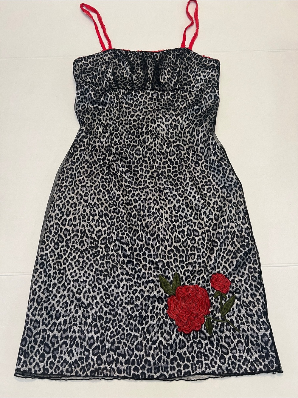 VINTAGE Y2K XOXO LEOPARD PRINT DRESS- MESH OVER SATIN WITH RED LACE STRAPS SMALL - Picture 1 of 15
